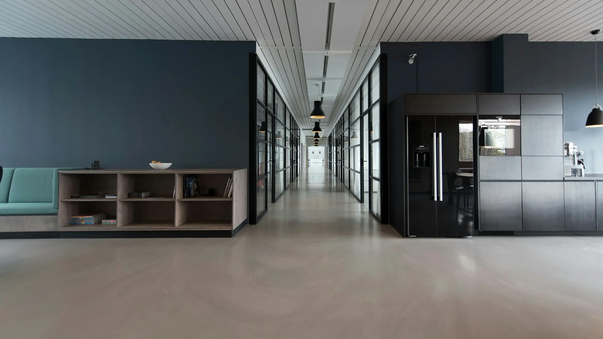 Illustrative commercial corporate headquarters fit-out with acoustic timber ceiling and modular workstations